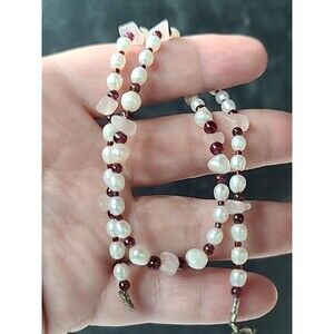 925 Sterling Silver Rose Quartz Garnet & Pearl Beaded Necklace Vintage